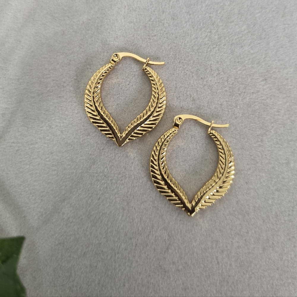 Gold Stainless Steel Leaf Embossed Hoop Earrings